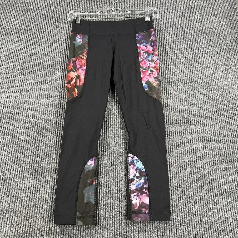 Lululemon Pants Womens 4 Black Purple Floral Pace Rival Activewear Running Gym